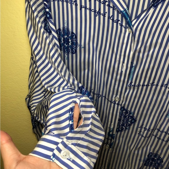 Chico's Striped travel theme button up Tunic top size 2 12/14 - Picture 6 of 9